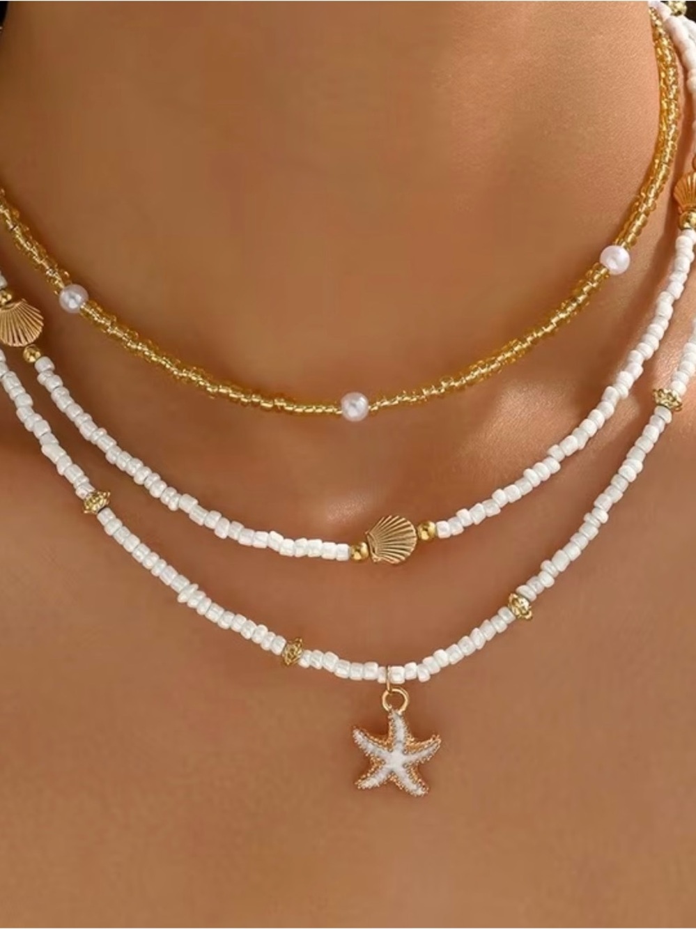 Gold and White Layered Beaded Necklace with Starfish Charm